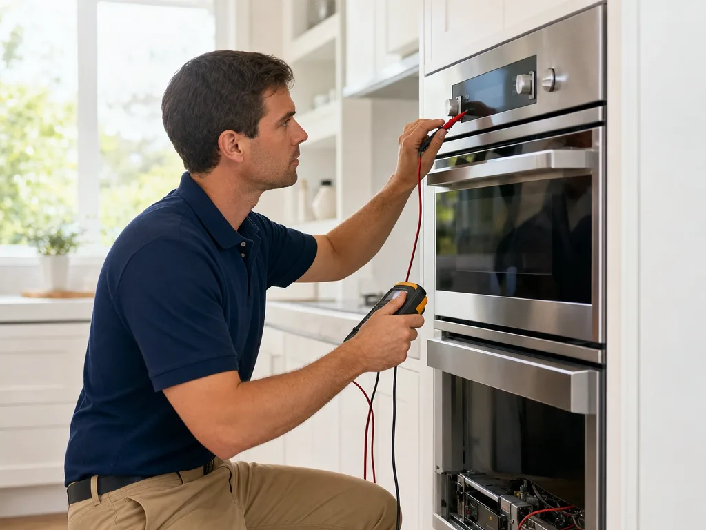 Technician testing a Thermador steam and convection wall oven's control panel