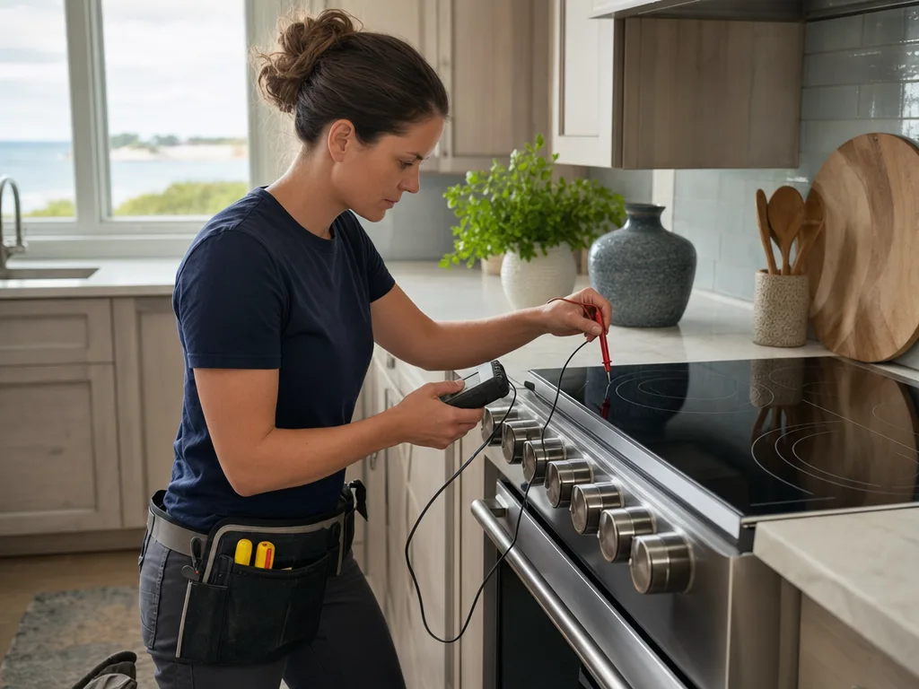 Technician testing a Viking induction cooktop element with a diagnostic meter