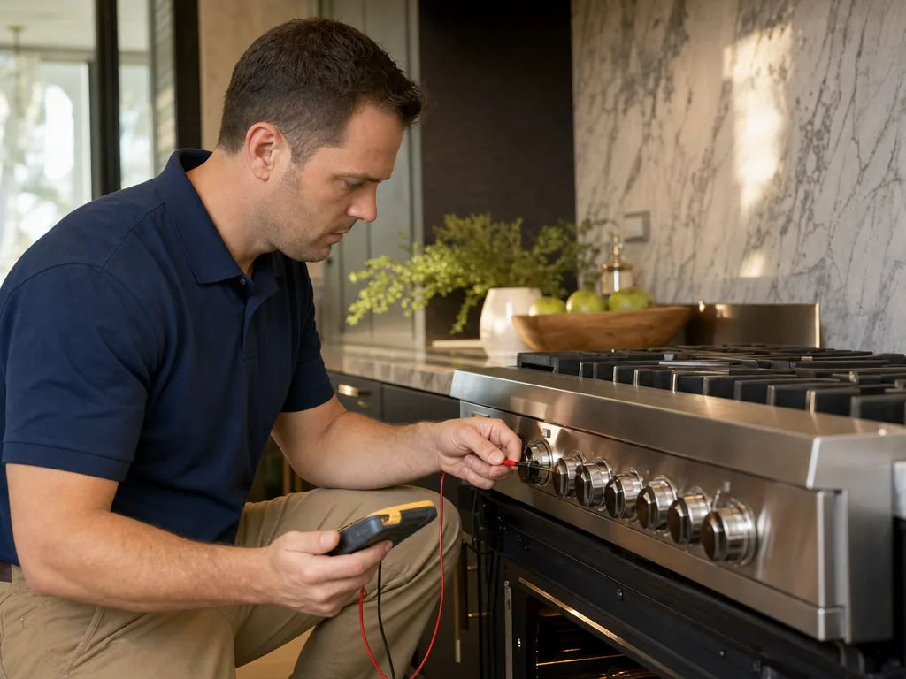 Technician testing a Viking range's control panel and burner ignition