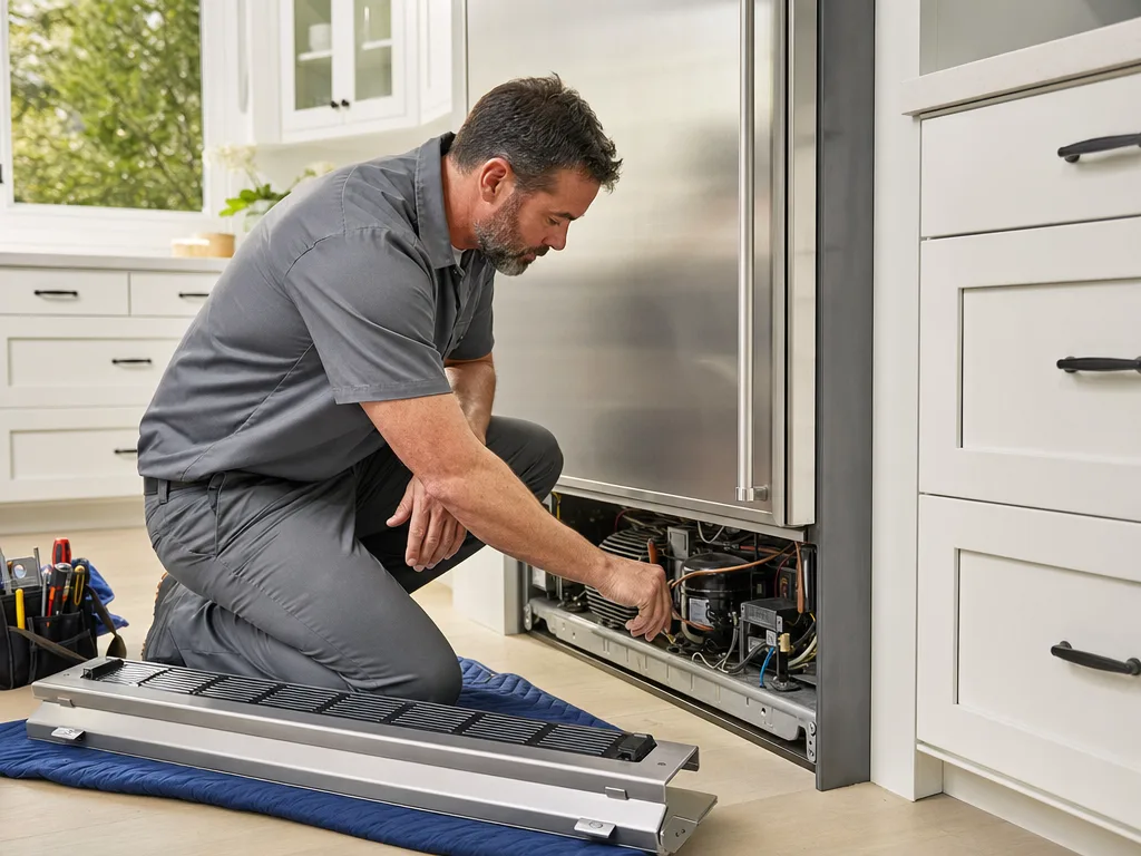 Technician diagnosing a Viking refrigerator's compressor through a removed kick-plate panel