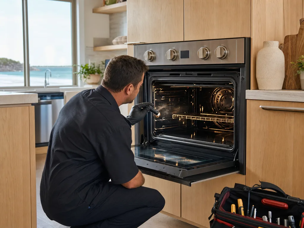 Technician inspecting the heating element inside a built-in wall oven