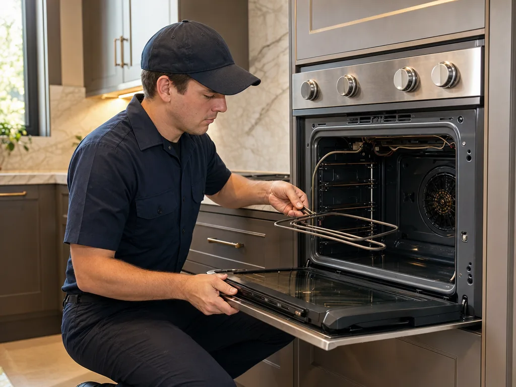 Technician inspecting a Viking wall oven's heating element with the door open