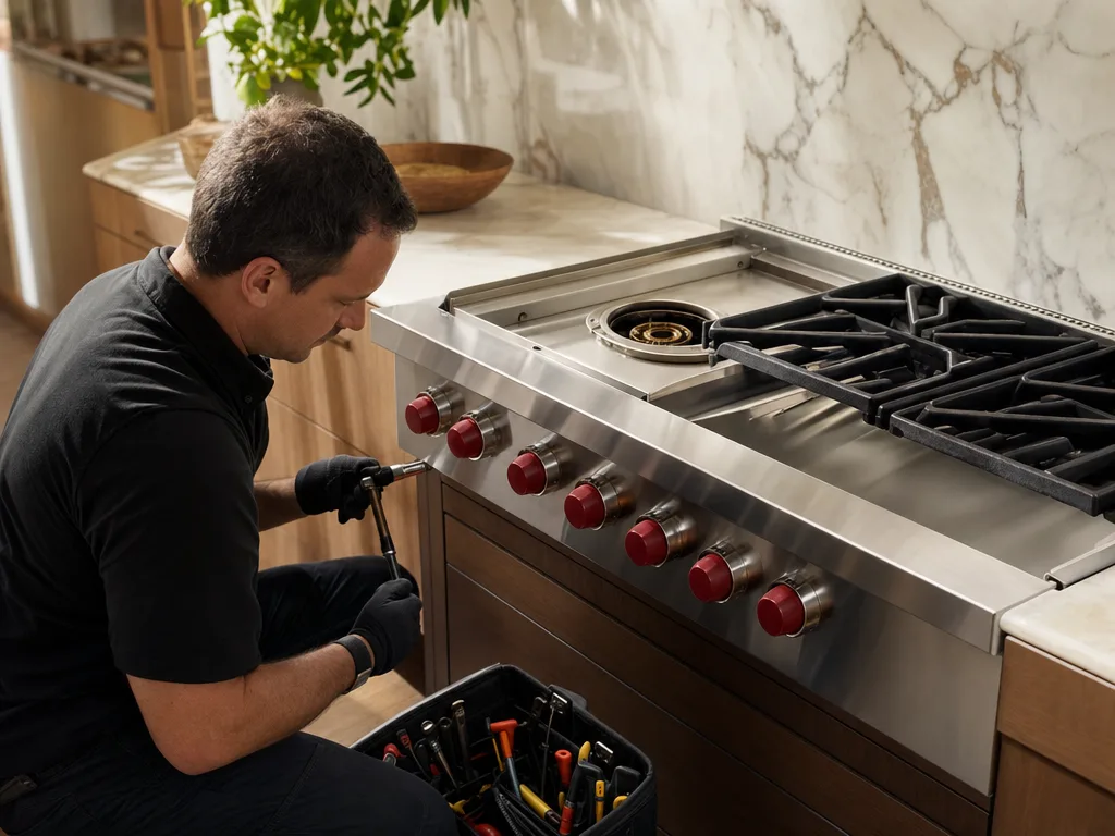 Technician repairing a professional-style range with the burner grate removed