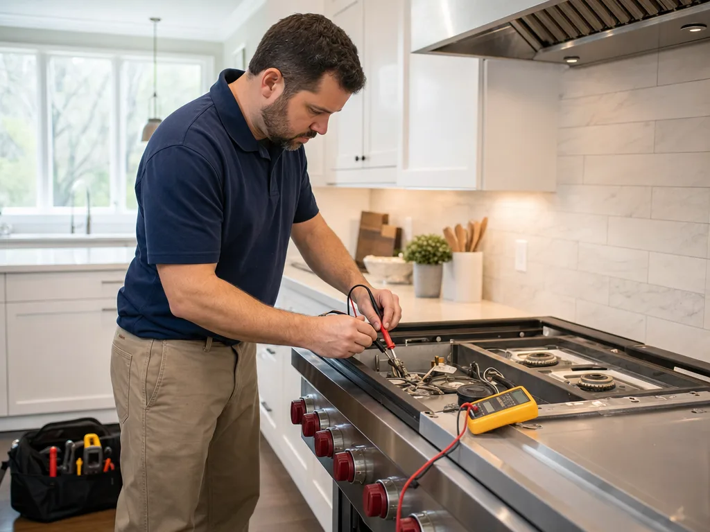 Technician testing a Wolf range's igniter with the burner grate removed