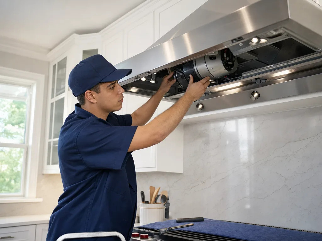 Technician servicing a Wolf range hood's motor with the grille removed