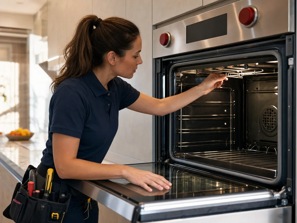 Technician inspecting a Wolf wall oven's heating element with the door open